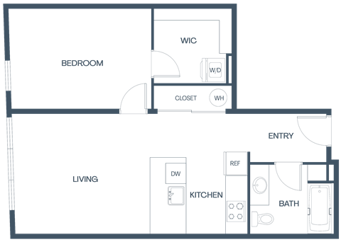 Floor plan for 1 bed, 1 bath, 696 sqft