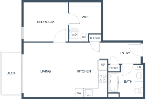 Floor plan for 1 bed, 1 bath, 663 sqft