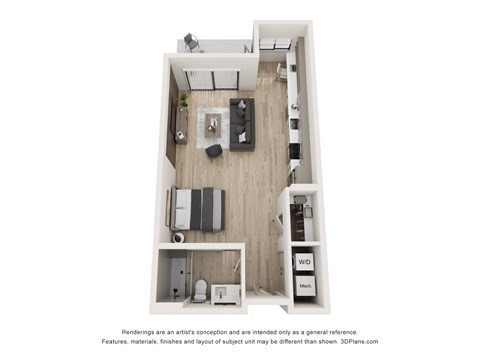 Floor plan for studio, 1 bath, 584 sqft