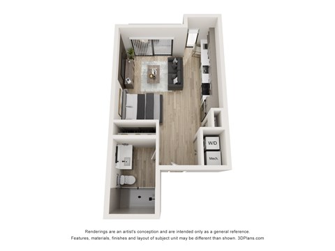 Floor plan for studio, 1 bath, 602 sqft