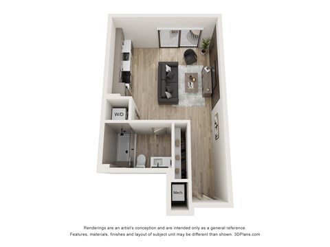 Floor plan for studio, 1 bath, 659 sqft