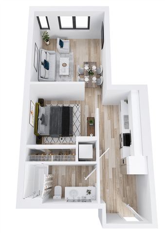 Floor plan for 1 bed, 1 bath, 577 sqft