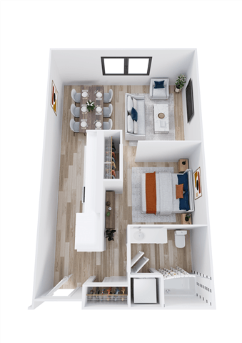 Floor plan for 1 bed, 1 bath, 730 sqft