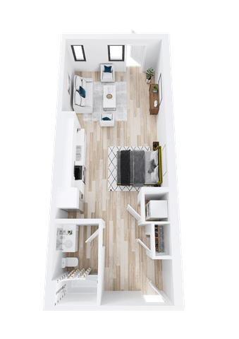 Floor plan for studio, 1 bath, 653 sqft