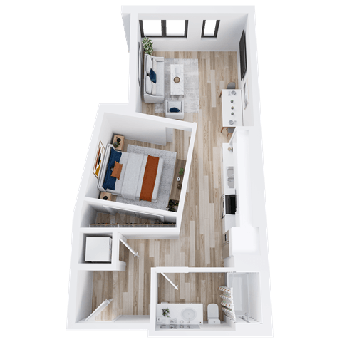 Floor plan for 1 bed, 1 bath, 629 sqft