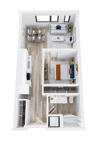 Floor plan for 1 bed, 1 bath, 766 sqft