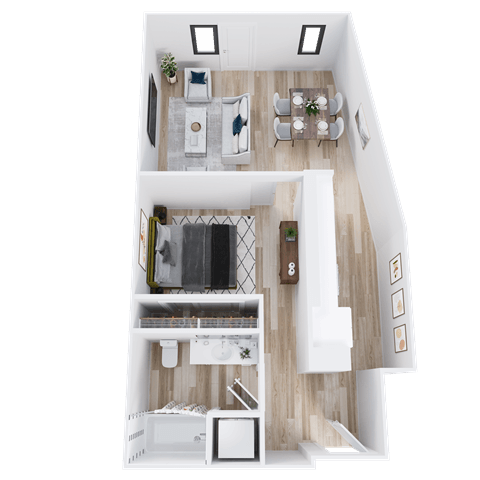 Floor plan for 1 bed, 1 bath, 726 sqft