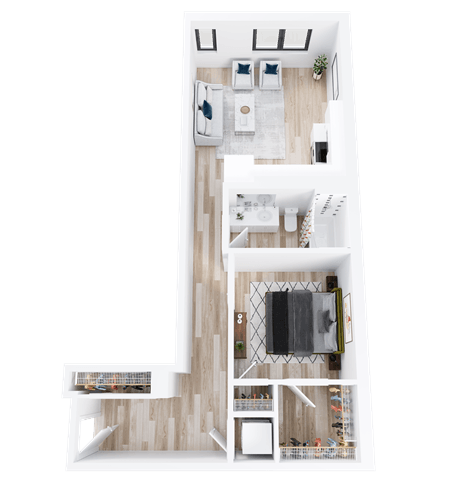 Floor plan for 1 bed, 1 bath, 765 sqft