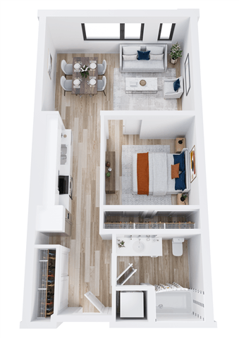 Floor plan for 1 bed, 1 bath, 684 sqft