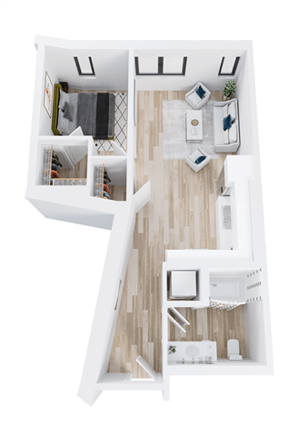 Floor plan for 1 bed, 1 bath, 683 sqft
