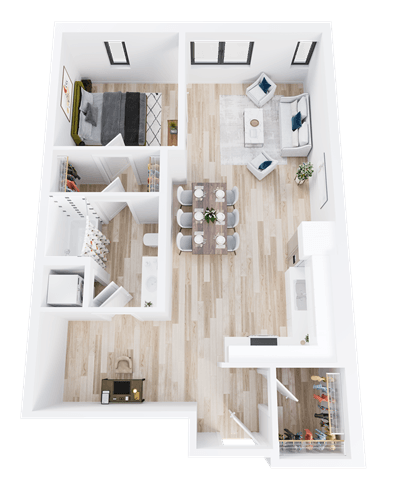 Floor plan for 1 bed, 1 bath, 881 sqft
