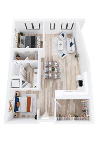 Floor plan for 1 bed, 1 bath, 970 sqft