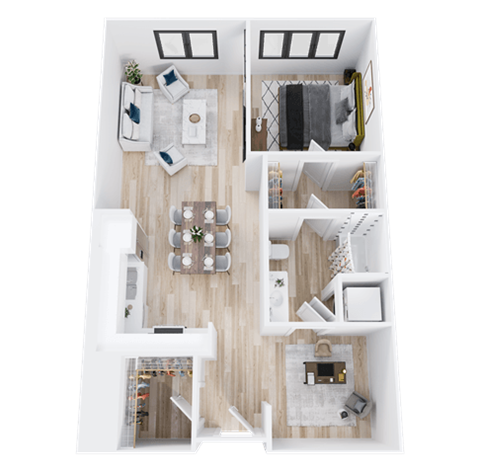Floor plan for 1 bed, 1 bath, 883 sqft