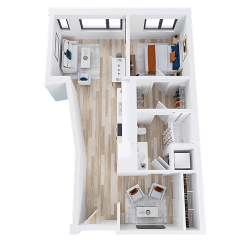 Floor plan for 1 bed, 1 bath, 766 sqft
