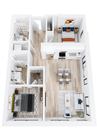 Floor plan for 2 beds, 2 baths, 975 sqft