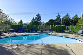 A pool surrounded by trees and chairs.