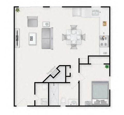 Floor plan for 1 bed, 1 bath, 600 sqft