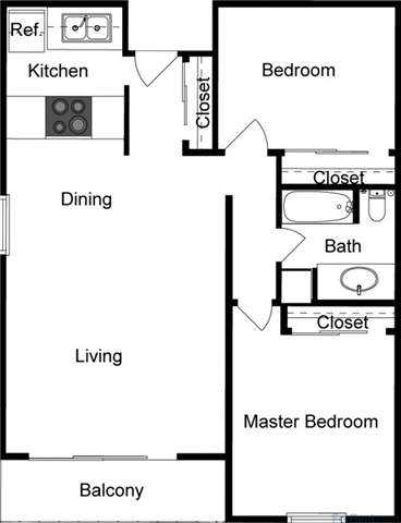 Floor plan for 2 beds, 1 bath, 875 sqft