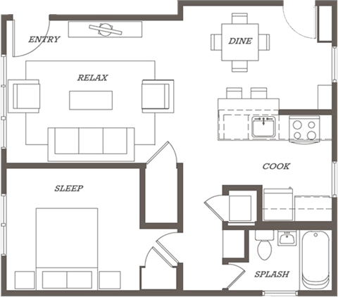 Floor plan for 1 bed, 1 bath, 600 sqft