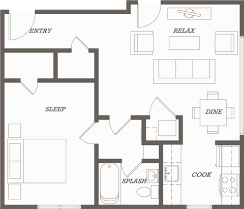 Floor plan for 1 bed, 1 bath, 600 sqft