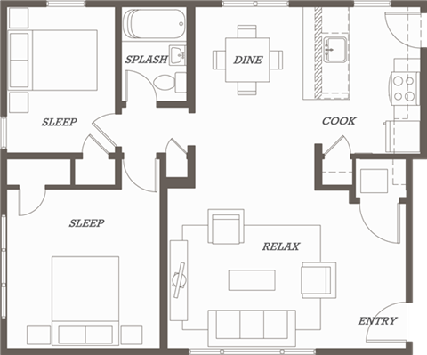Floor plan for 2 beds, 1 bath, 820 sqft