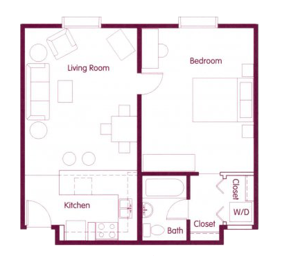 Floor plan for 1 bed, 1 bath, 635 sqft
