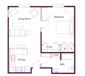 Floor plan for 1 bed, 1 bath, 650 sqft