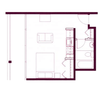 Floor plan for studio, 1 bath, 313 sqft