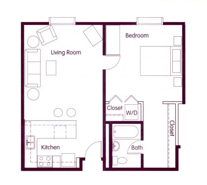 Floor plan for 1 bed, 1 bath, 640 sqft