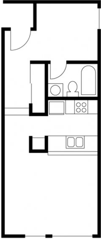 Floor plan for 1 bed, 1 bath, 679 sqft