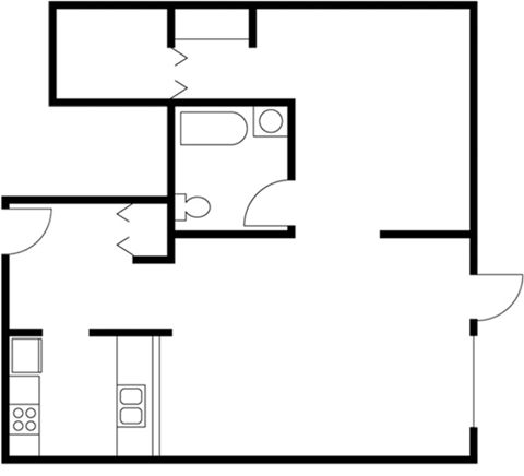 Floor plan for 1 bed, 1 bath, 818 sqft
