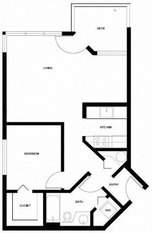 Floor plan for 1 bed, 1 bath, 689 sqft