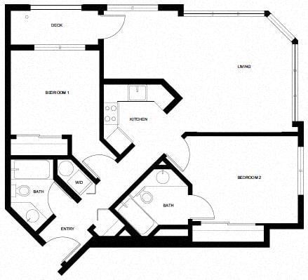 Floor plan for 2 beds, 2 baths, 891 sqft
