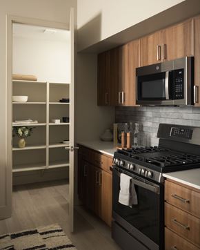 Scottsdale apartment for rent - A modern kitchen with a black stove and wooden cabinets.