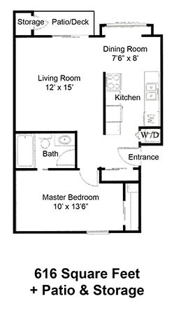 Floor plan for 1 bed, 1 bath, 616 sqft