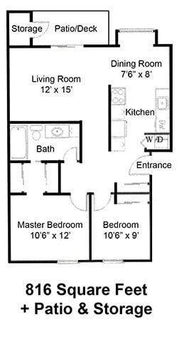 Floor plan for 2 beds, 1 bath, 816 sqft