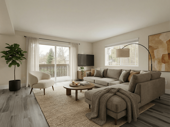 Issaquah apartment for rent - A living room with a grey couch, a white chair, a wooden coffee table, and a large painting on the wall.