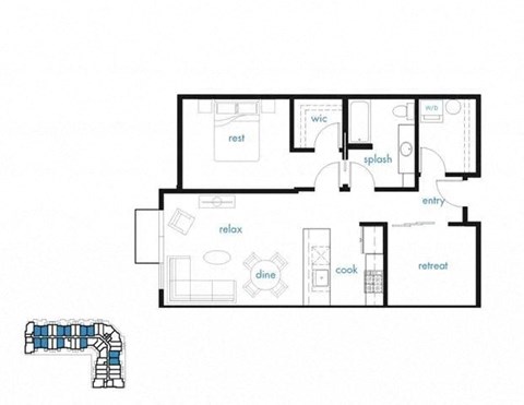 Floor plan for 1 bed, 1 bath, 830 sqft