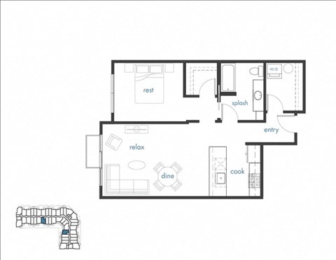Floor plan for 1 bed, 1 bath, 730 sqft