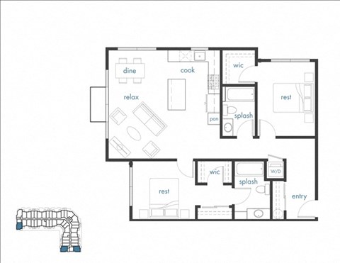Floor plan for 2 beds, 2 baths, 1020 sqft