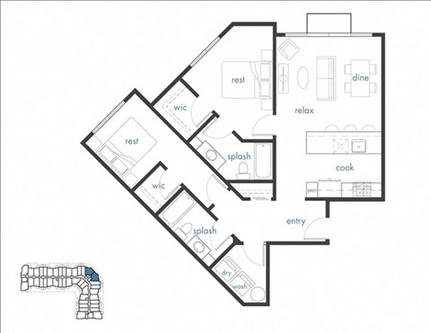 Floor plan for 2 beds, 2 baths, 973 sqft