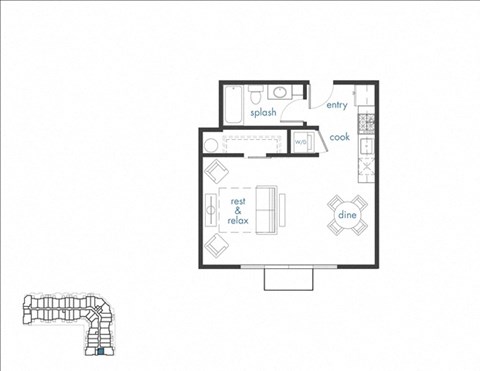 Floor plan for studio, 1 bath, 505 sqft