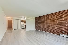 Palatine apartment for rent - an empty living room with a brick wall and a kitchen