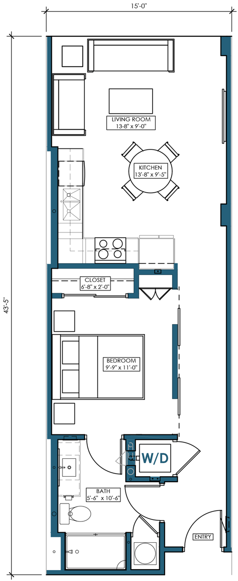 Floor plan for 1 bed, 1 bath, 646 sqft