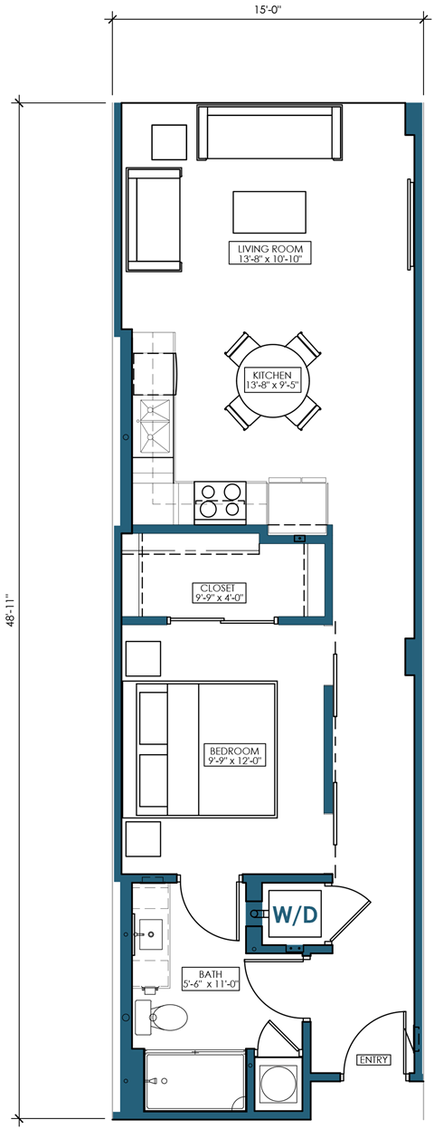 Floor plan for 1 bed, 1 bath, 728 sqft