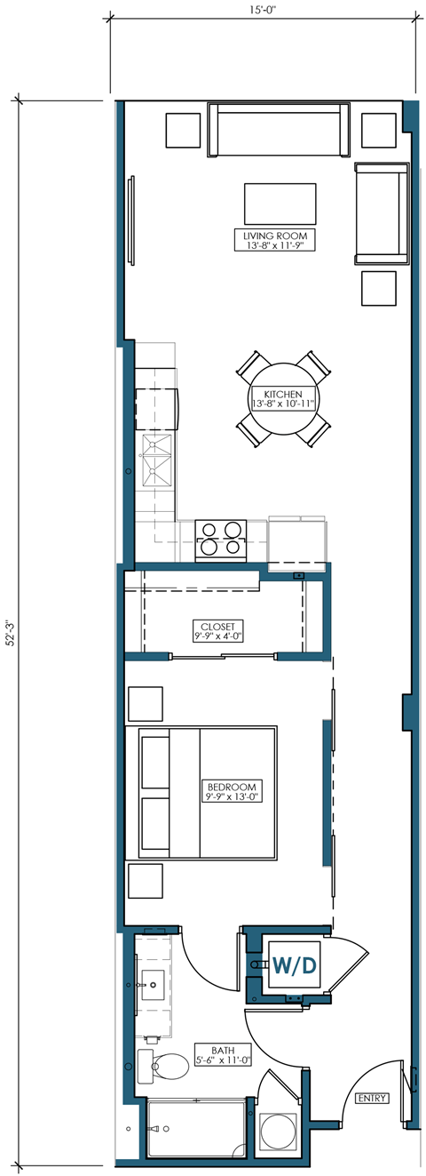 Floor plan for 1 bed, 1 bath, 778 sqft
