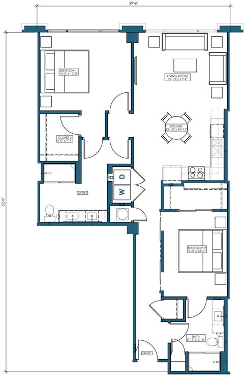 Floor plan for 2 beds, 2 baths, 1224 sqft