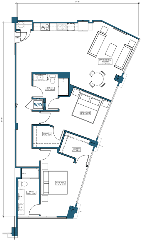Floor plan for 2 beds, 2 baths, 1431 sqft