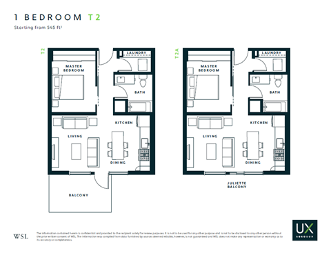 Floor plan for 1 bed, 1 bath, 605 sqft