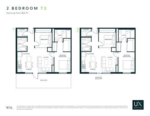 Floor plan for 2 beds, 2 baths, 870 sqft